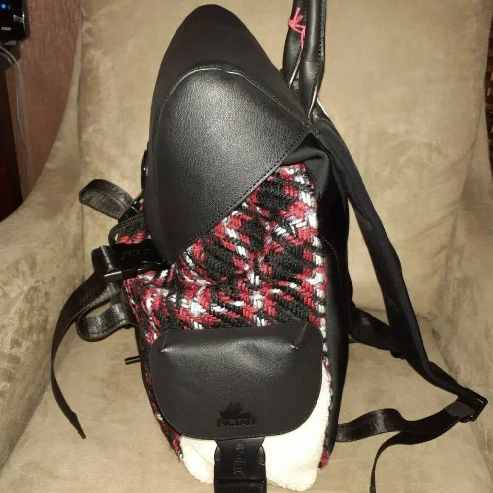 PAJAR-Logan Leather/Knit Luxury Special Force Sport Backpack-Black Plaid Mix-NWT